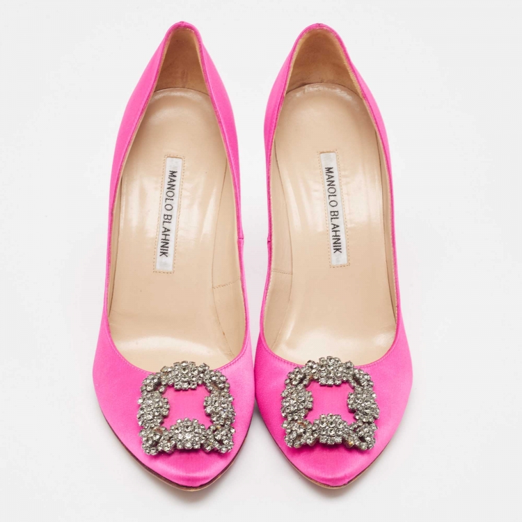 Pre Owned Manolo Blahnik Pink Satin Hangisi Pumps Size 38.5