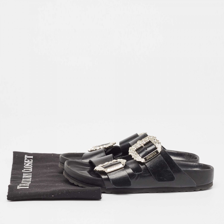 Pre Owned Manolo Blahnik Black Leather Crystal Embellished Buckle Flat Sandals Size 38