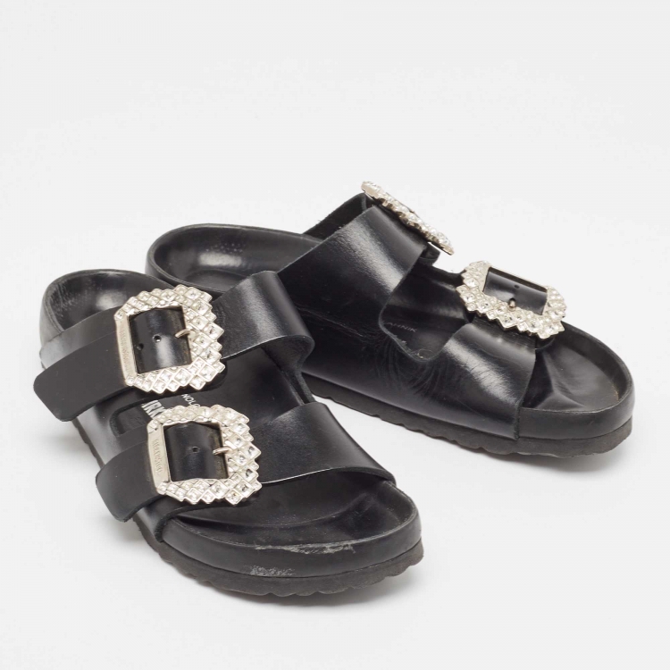Pre Owned Manolo Blahnik Black Leather Crystal Embellished Buckle Flat Sandals Size 38