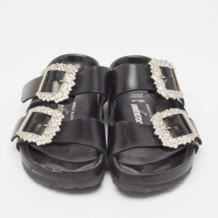 Pre Owned Manolo Blahnik Black Leather Crystal Embellished Buckle Flat Sandals Size 38