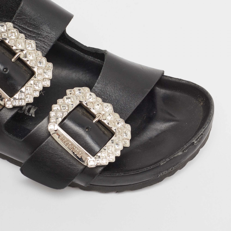 Pre Owned Manolo Blahnik Black Leather Crystal Embellished Buckle Flat Sandals Size 38