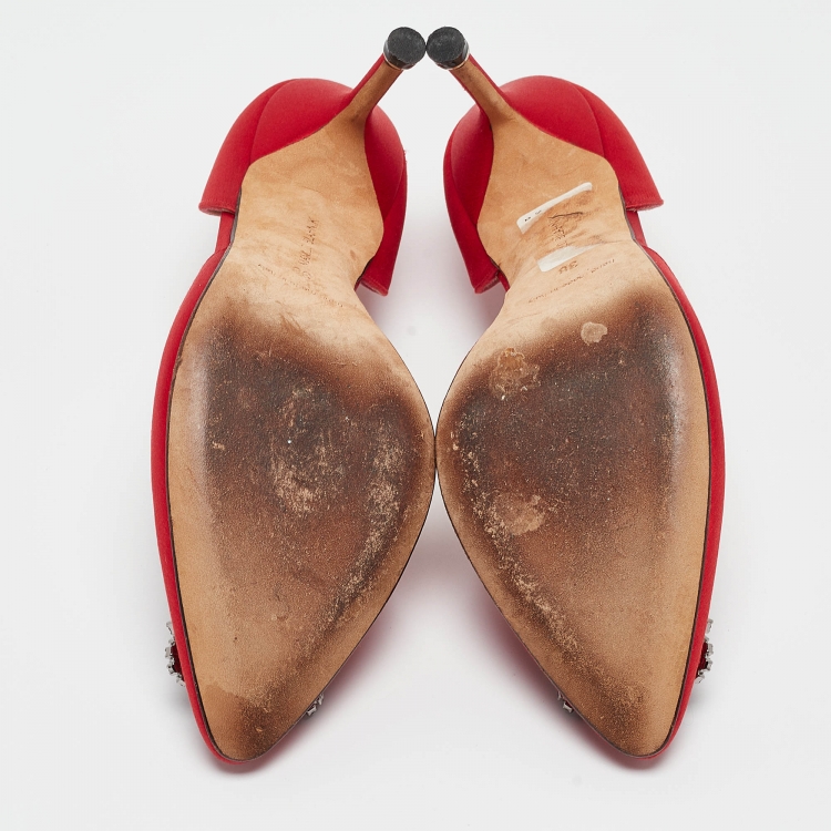 Pre Owned Manolo Blahnik Red Satin Hangisido Pumps Size 38