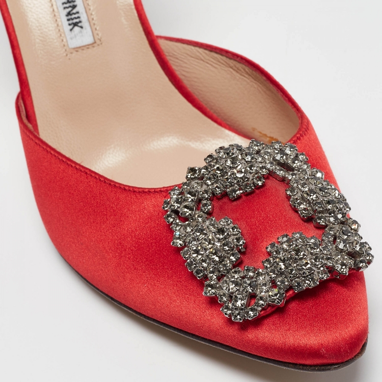 Pre Owned Manolo Blahnik Red Satin Hangisido Pumps Size 38