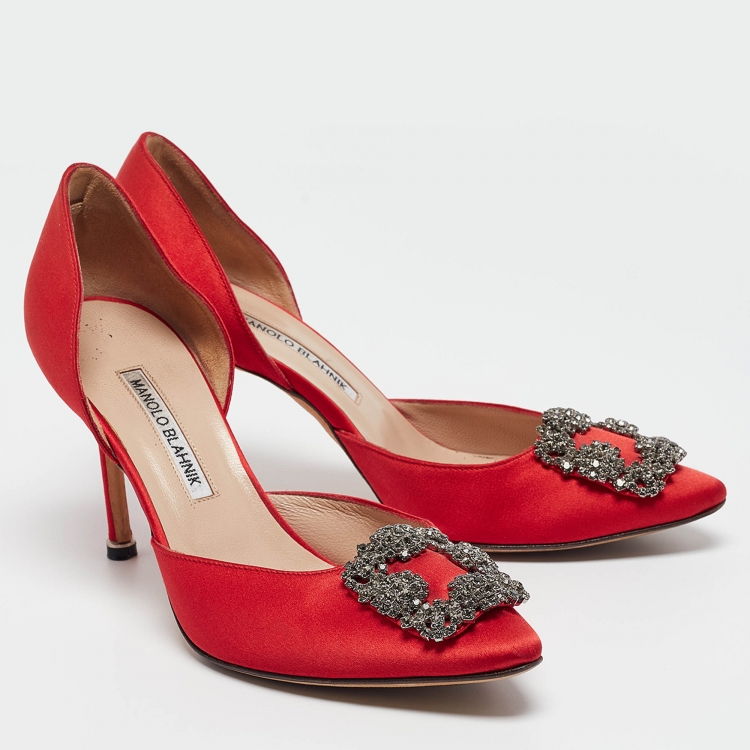 Pre Owned Manolo Blahnik Red Satin Hangisido Pumps Size 38