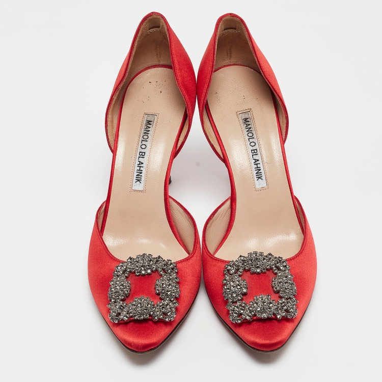 Pre Owned Manolo Blahnik Red Satin Hangisido Pumps Size 38