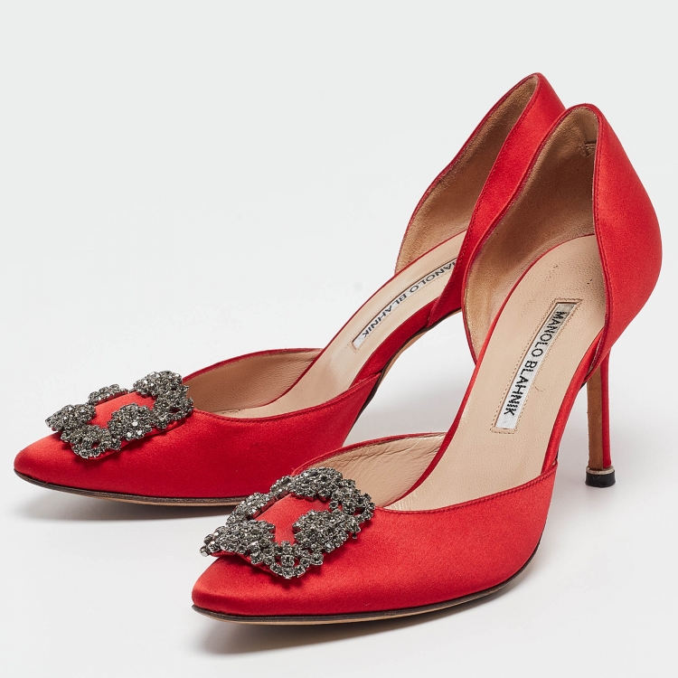 Pre Owned Manolo Blahnik Red Satin Hangisido Pumps Size 38