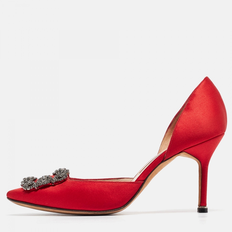 Pre Owned Manolo Blahnik Red Satin Hangisido Pumps Size 38