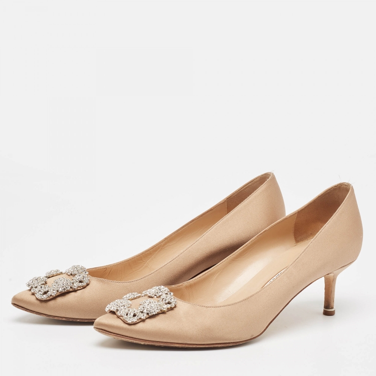 Pre Owned Manolo Blahnik Brown Satin Hangisi Pumps Size 40