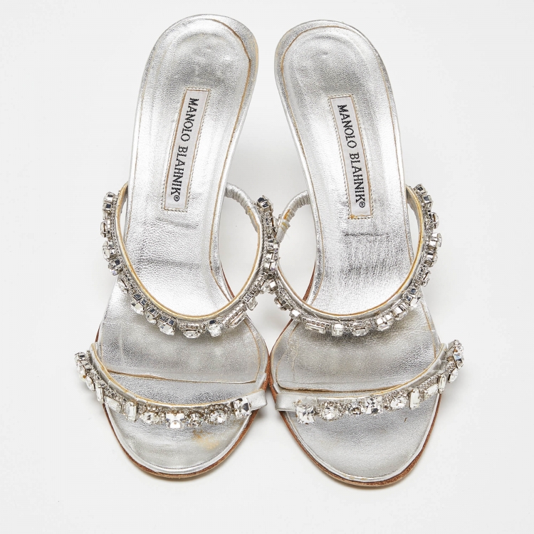 Pre Owned Manolo Blahnik Silver Leather Diora Slide Sandals Size 39.5