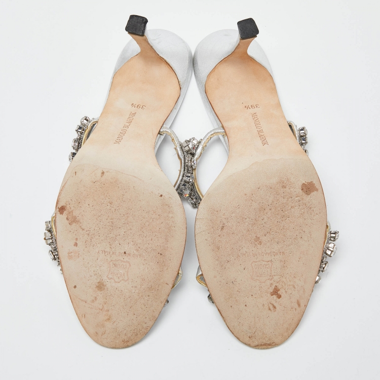 Pre Owned Manolo Blahnik Silver Leather Diora Slide Sandals Size 39.5