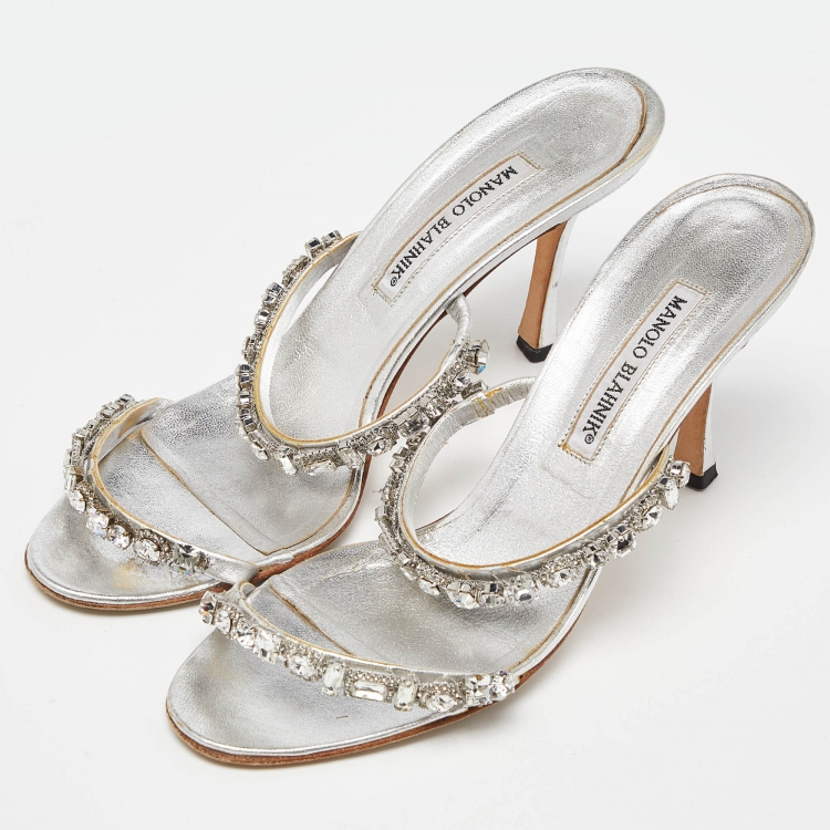 Pre Owned Manolo Blahnik Silver Leather Diora Slide Sandals Size 39.5