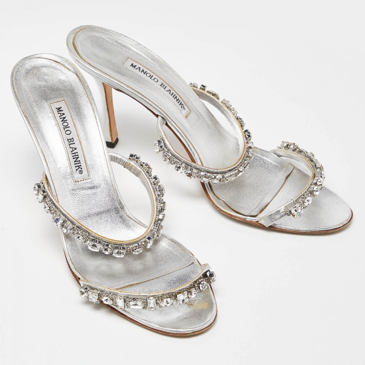Pre Owned Manolo Blahnik Silver Leather Diora Slide Sandals Size 39.5
