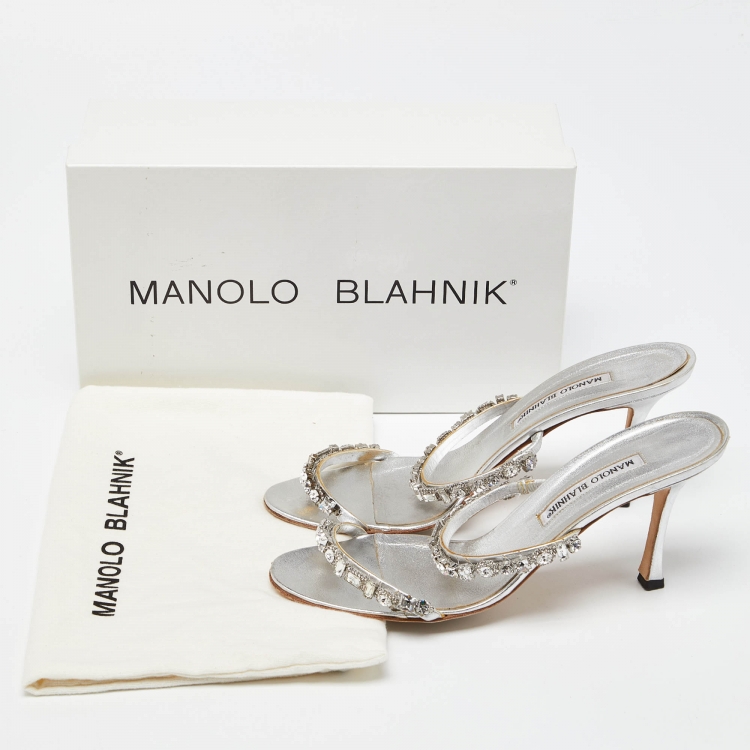 Pre Owned Manolo Blahnik Silver Leather Diora Slide Sandals Size 39.5