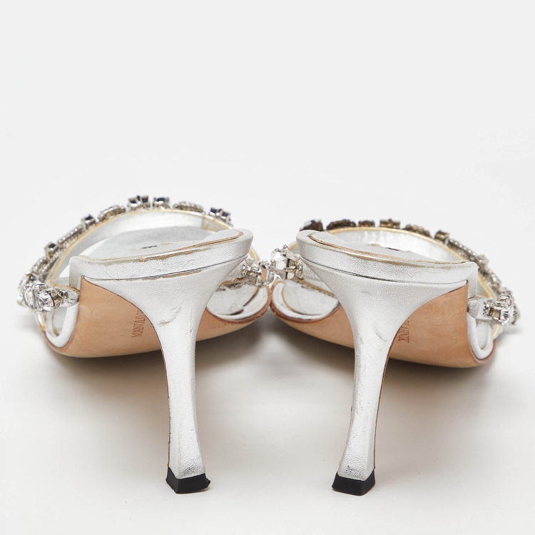 Pre Owned Manolo Blahnik Silver Leather Diora Slide Sandals Size 39.5