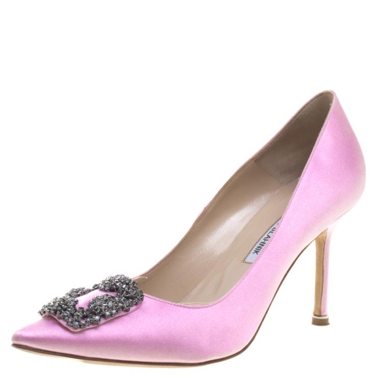 Manolo Blahnik Pink Satin Hangisi Crystal Embellished Pumps Size 39 ...