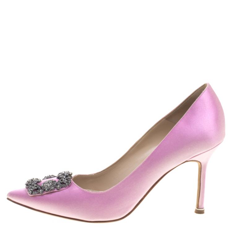 Pre Owned Manolo Blahnik Pink Satin Hangisi Crystal Embellished Pumps Size 39