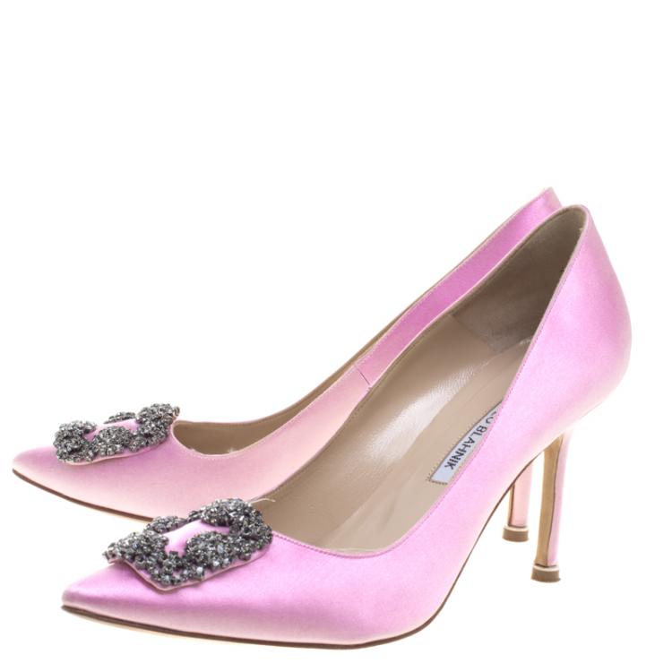 Pre Owned Manolo Blahnik Pink Satin Hangisi Crystal Embellished Pumps Size 39