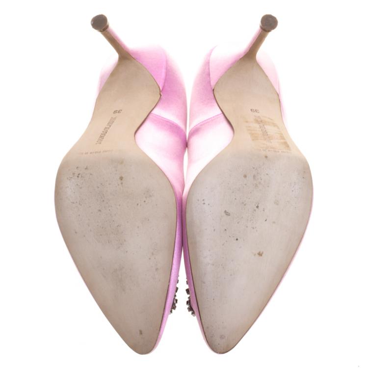 Pre Owned Manolo Blahnik Pink Satin Hangisi Crystal Embellished Pumps Size 39