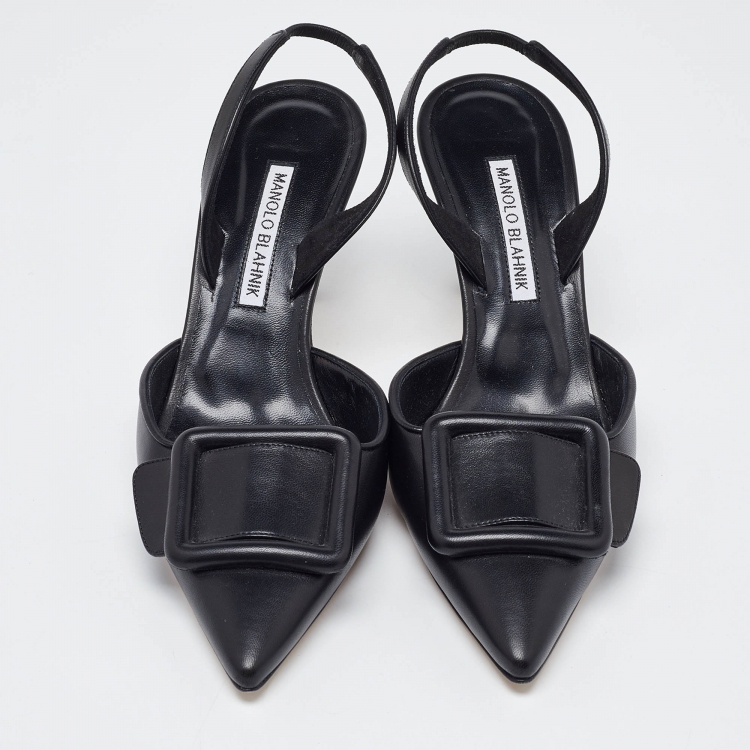 Pre Owned Manolo Blahnik Black Leather Maysli Slingback Pumps Size 38.5