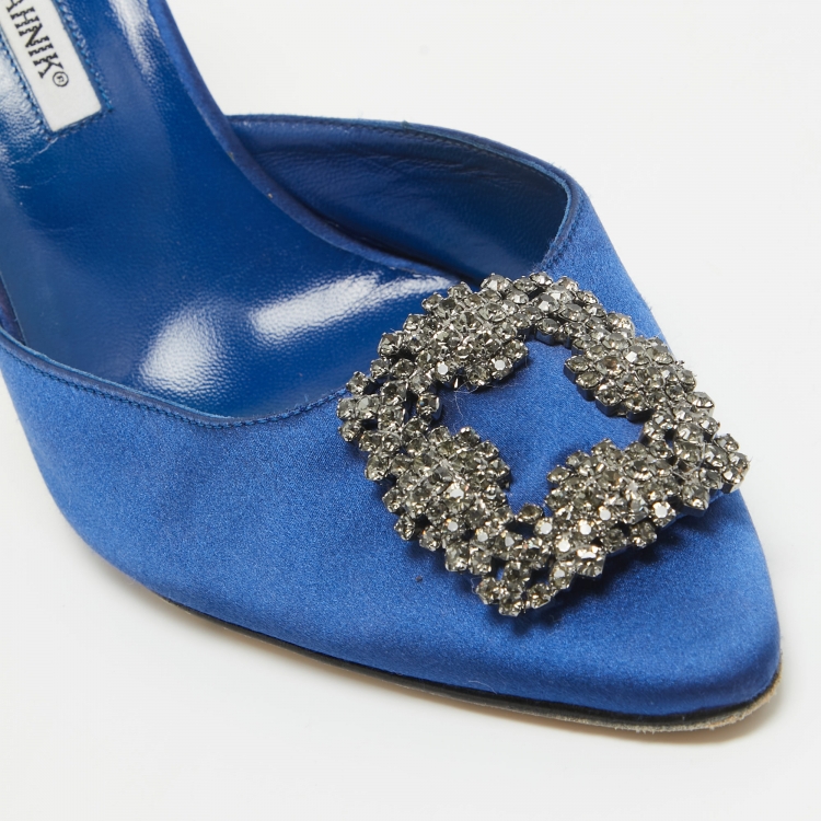 Pre Owned Manolo Blahnik Blue Satin Hangisi Crystal Embellished Mules Size 41