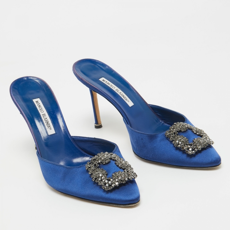 Pre Owned Manolo Blahnik Blue Satin Hangisi Crystal Embellished Mules Size 41