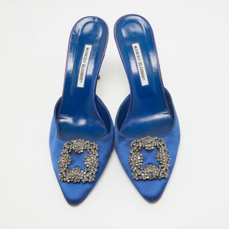 Pre Owned Manolo Blahnik Blue Satin Hangisi Crystal Embellished Mules Size 41
