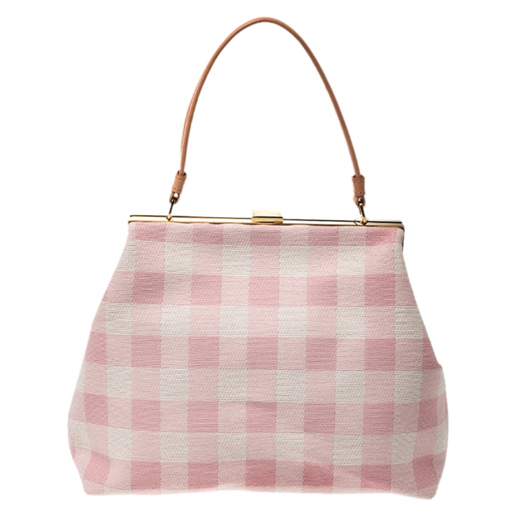 Pre Owned Mansur Gavriel Pink/White Checkered Canvas Elegant Frame Bag