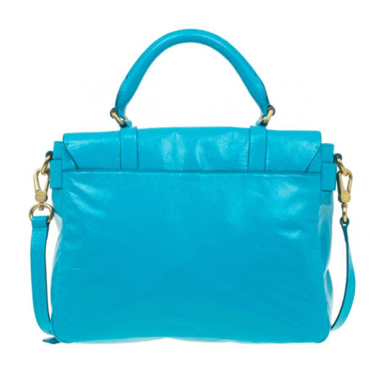 Pre Owned Marc by Marc Jacobs Turquoise Glazed Leather Large Top Handle Werdie Satchel