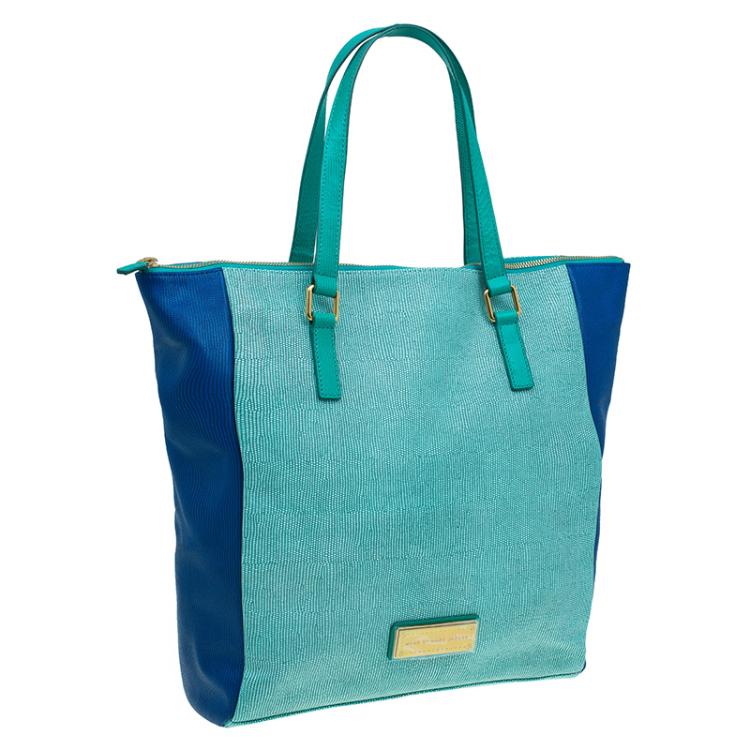 Pre Owned Marc by Marc Jacobs Green/Blue Lizard Stamp Leather Take Me Tote 