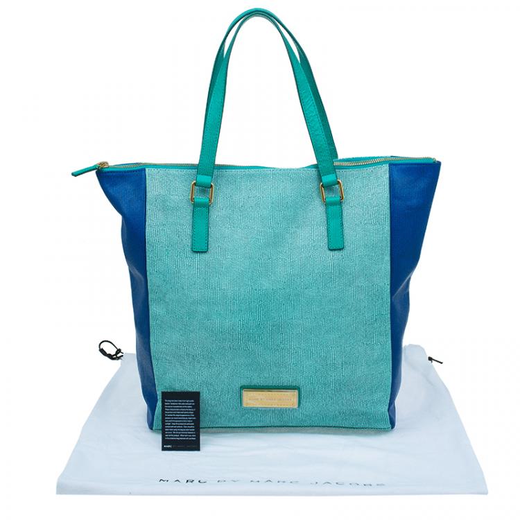 Pre Owned Marc by Marc Jacobs Green/Blue Lizard Stamp Leather Take Me Tote 