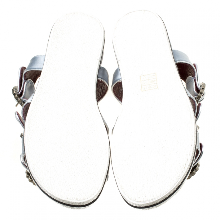 Pre Owned Marc By Marc Jacobs Grey Satin Crystal Embellished Buckle Flat Strappy Sandals Size 38.5