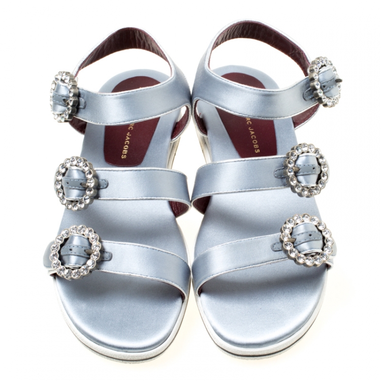 Pre Owned Marc By Marc Jacobs Grey Satin Crystal Embellished Buckle Flat Strappy Sandals Size 38.5