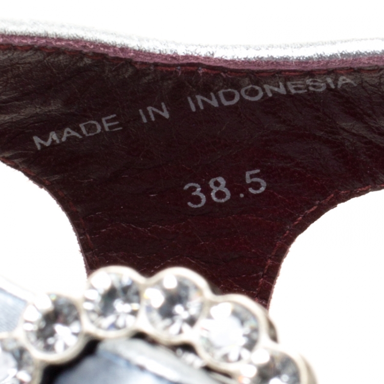 Pre Owned Marc By Marc Jacobs Grey Satin Crystal Embellished Buckle Flat Strappy Sandals Size 38.5