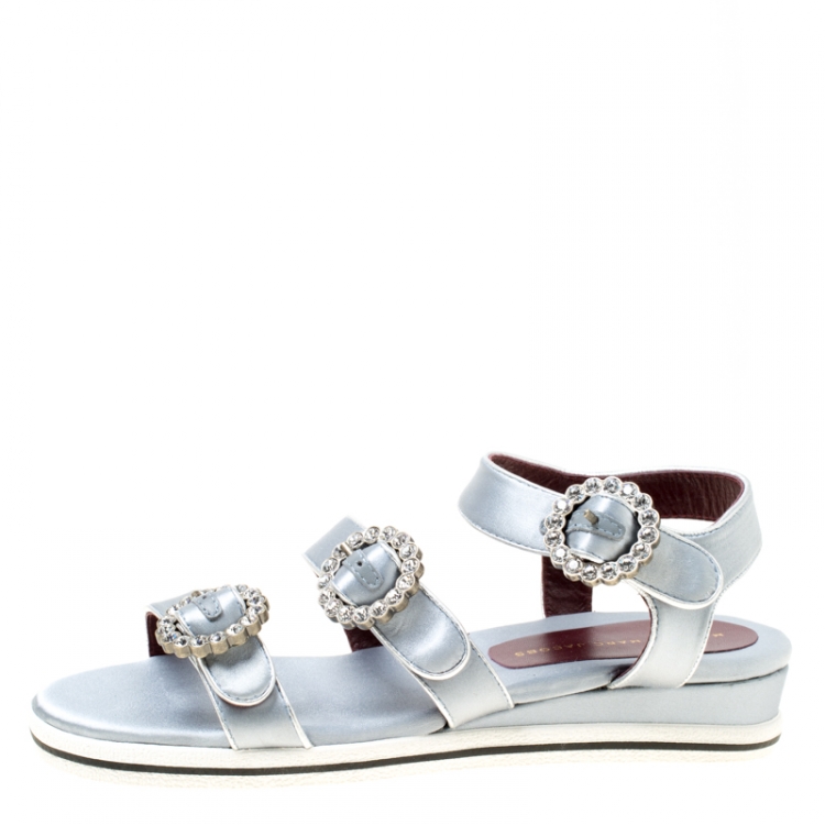 Pre Owned Marc By Marc Jacobs Grey Satin Crystal Embellished Buckle Flat Strappy Sandals Size 38.5