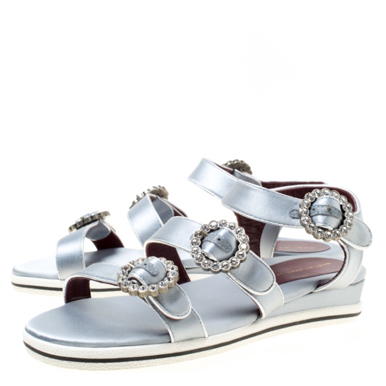 Pre Owned Marc By Marc Jacobs Grey Satin Crystal Embellished Buckle Flat Strappy Sandals Size 38.5