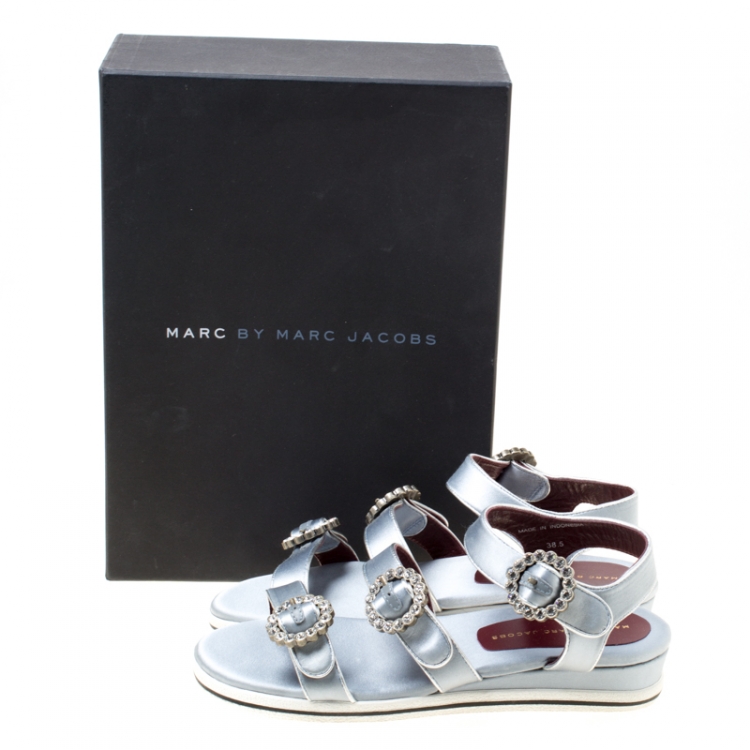 Pre Owned Marc By Marc Jacobs Grey Satin Crystal Embellished Buckle Flat Strappy Sandals Size 38.5