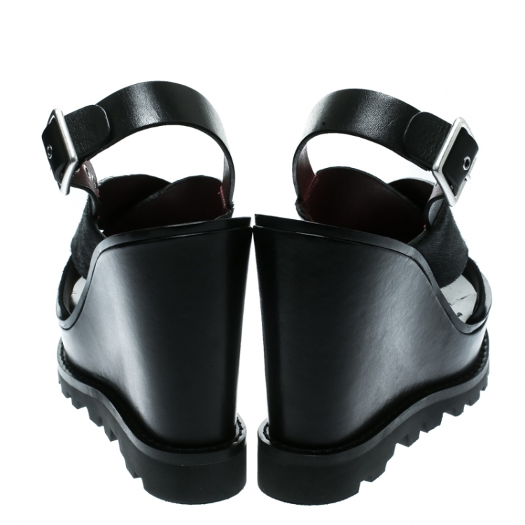Pre Owned Marc by Marc Jacobs Black Pony Hair and Leather Irving Platform Wedge Sandals Size 38.5