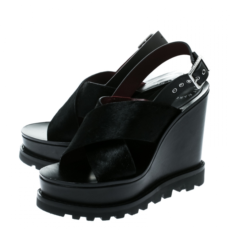Pre Owned Marc by Marc Jacobs Black Pony Hair and Leather Irving Platform Wedge Sandals Size 38.5