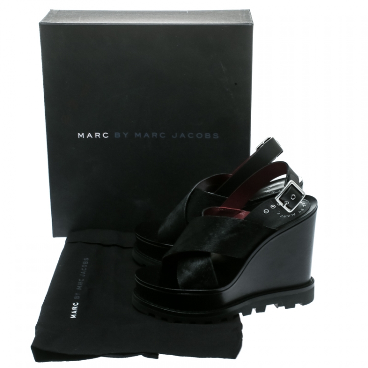 Pre Owned Marc by Marc Jacobs Black Pony Hair and Leather Irving Platform Wedge Sandals Size 38.5