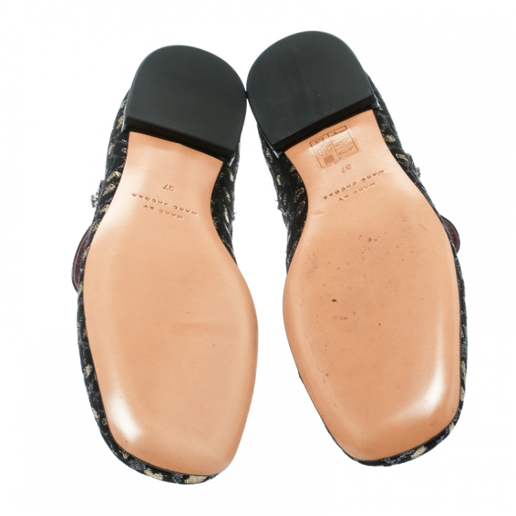Pre Owned Marc by Marc Jacobs Black/Gold Leopard Jacquard Fabric Brooke Mary Jane Flats Size 37