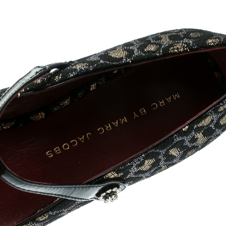 Pre Owned Marc by Marc Jacobs Black/Gold Leopard Jacquard Fabric Brooke Mary Jane Flats Size 37