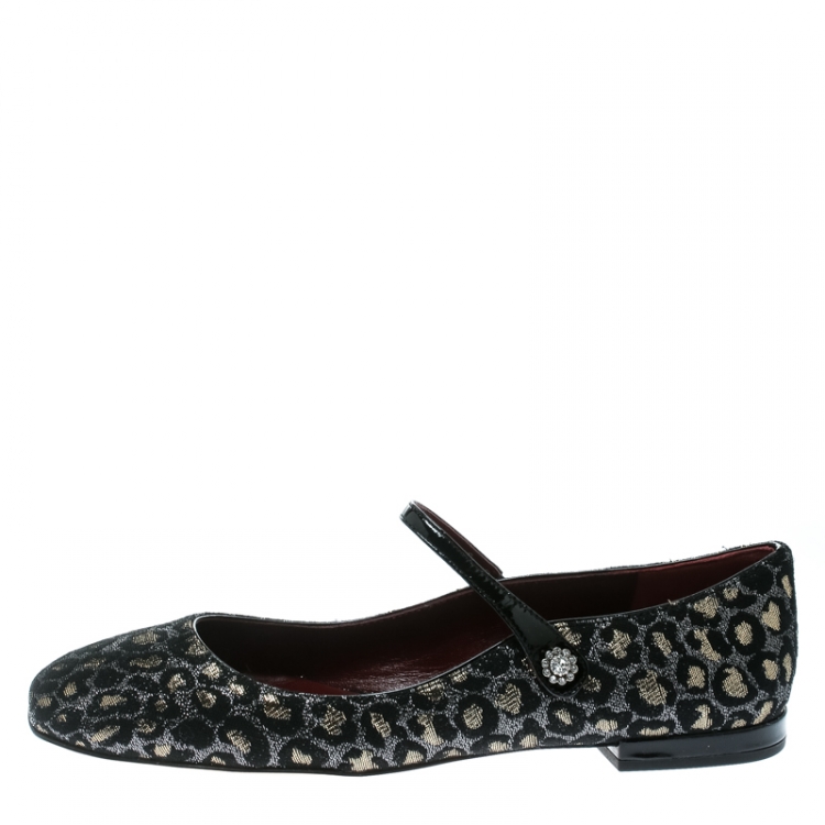 Pre Owned Marc by Marc Jacobs Black/Gold Leopard Jacquard Fabric Brooke Mary Jane Flats Size 37