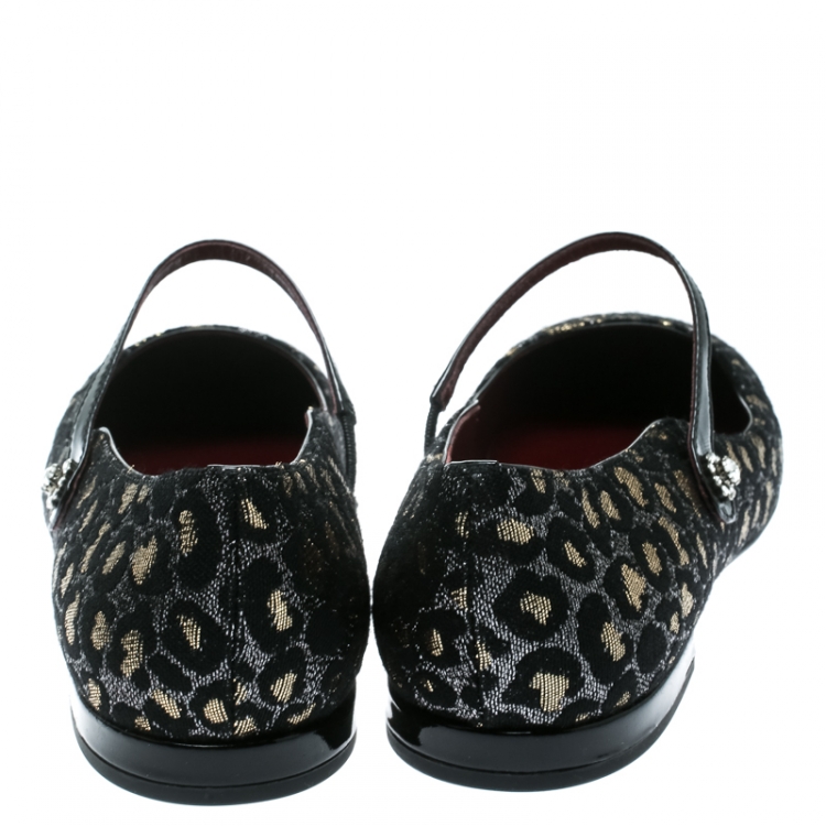 Pre Owned Marc by Marc Jacobs Black/Gold Leopard Jacquard Fabric Brooke Mary Jane Flats Size 37