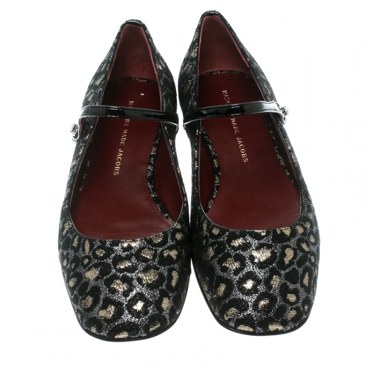 Pre Owned Marc by Marc Jacobs Black/Gold Leopard Jacquard Fabric Brooke Mary Jane Flats Size 37