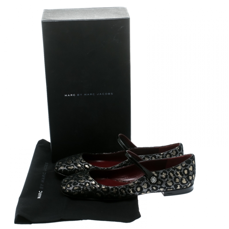 Pre Owned Marc by Marc Jacobs Black/Gold Leopard Jacquard Fabric Brooke Mary Jane Flats Size 37