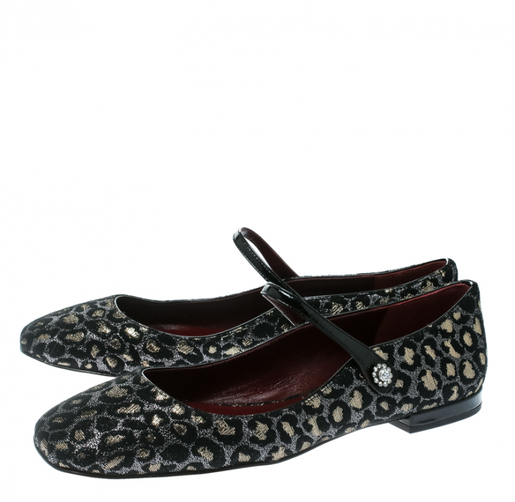 Pre Owned Marc by Marc Jacobs Black/Gold Leopard Jacquard Fabric Brooke Mary Jane Flats Size 37