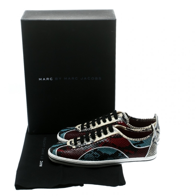 Pre Owned Marc by Marc Jacobs Red/Blue Python Embossed Leather Greenwich Retro Low Top Sneakers Size 37