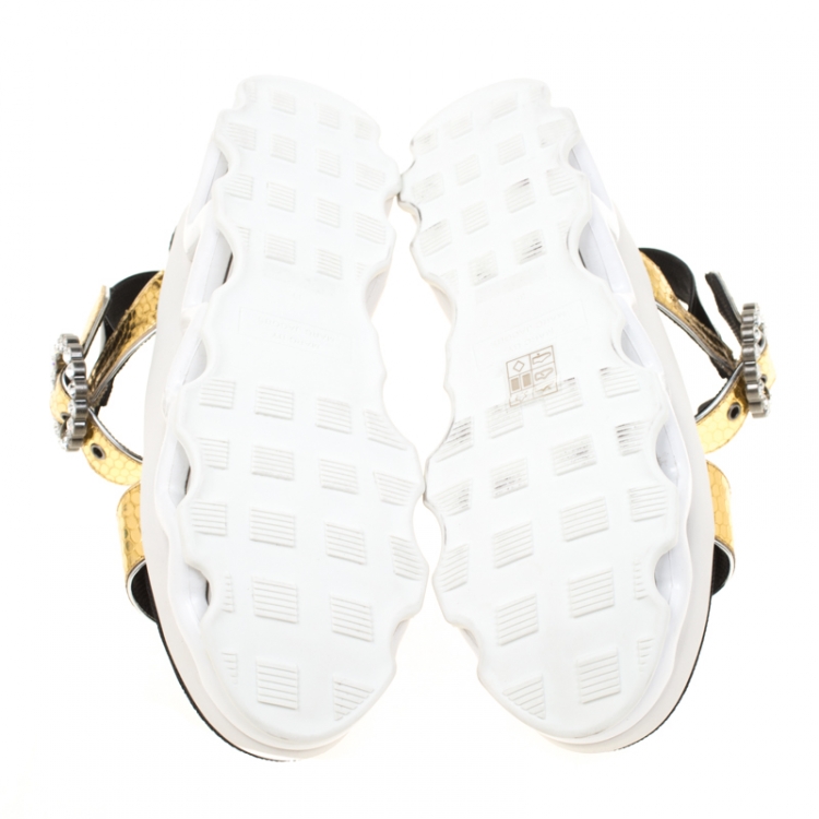 Pre Owned Marc by Marc Jacobs Metallic Gold Embossed Snakeskin Leather Ninja Wave Platform Sandals Size 39