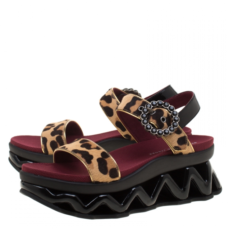 Pre Owned Marc by Marc Jacobs Beige Leopard Print Calf Hair Ninja Wave Platform Sandals Size 38