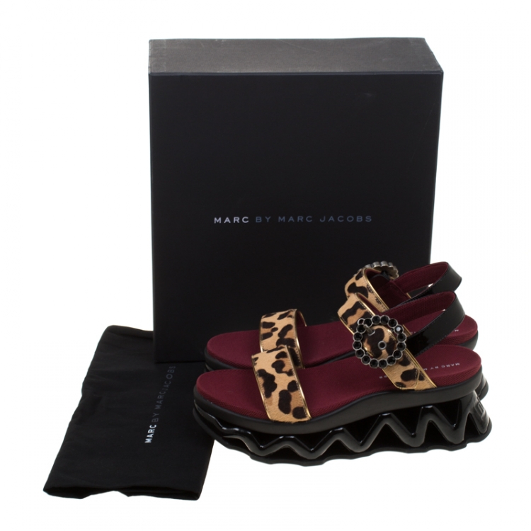 Pre Owned Marc by Marc Jacobs Beige Leopard Print Calf Hair Ninja Wave Platform Sandals Size 38